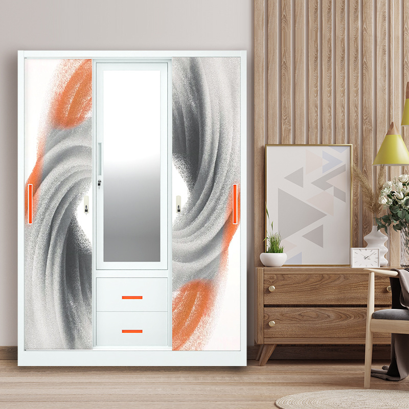 Home Cupboard For Clothes Metal Wardrobe Bedroom Steel Printed Wardrobe 3 Door Clothing Storage Cabinet with mirror and drawer