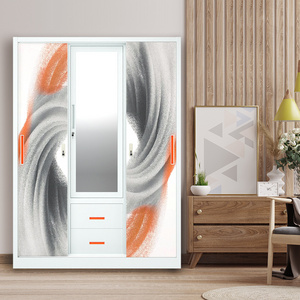 Home Cupboard For Clothes Metal Wardrobe Bedroom Steel Printed Wardrobe 3 Door Clothing Storage Cabinet with mirror and drawer