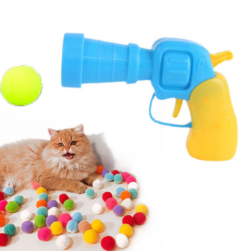 Cat Plush Toy Launching Gun Micro-elastic Soft Fuzzy Cat Toy Balls with Launching Gun  Chew Ball Pet Cat Scratcher Toys