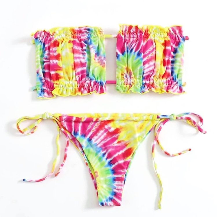 Dental Floss Tie Dye Bandeau Women Beautiful Swimsuits Bikini Transparent Pictures