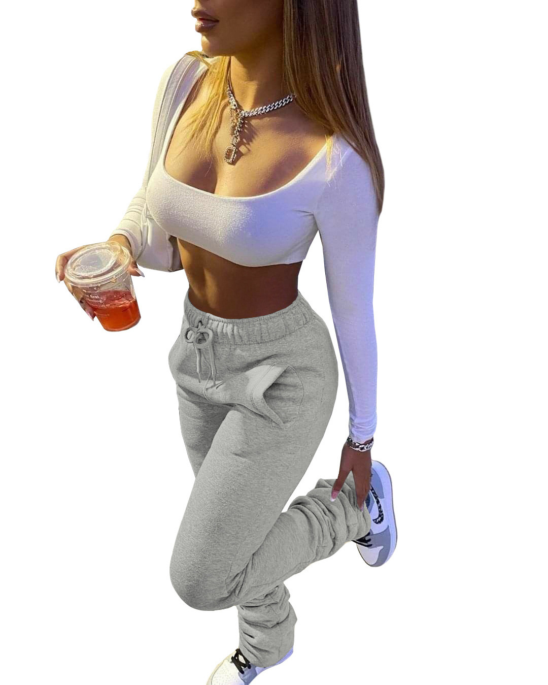 Custom Logo 2 Pieces Women Tracksuits Sweatpants Long Sleeve Crop Top Jogging Set Bare Midriff Style Oem Training Wear