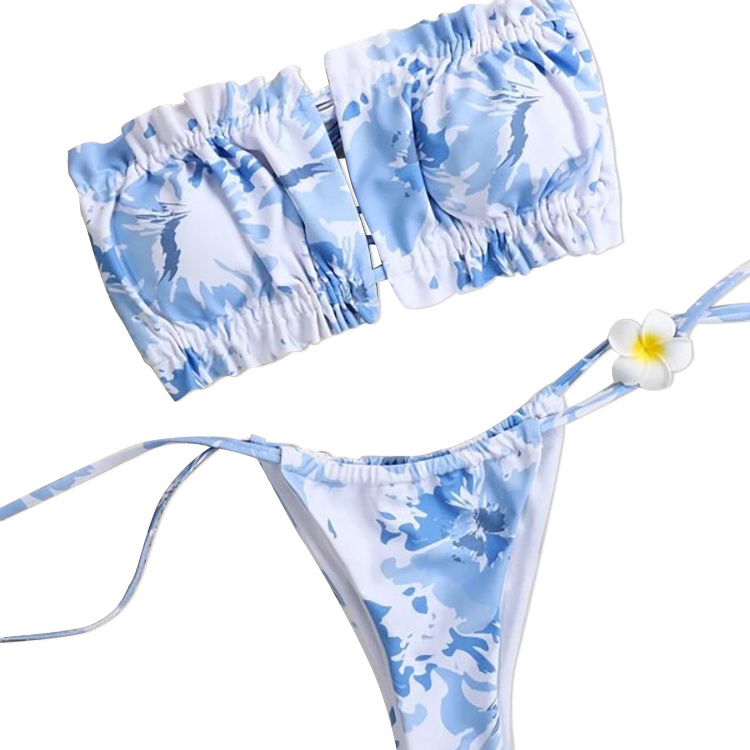 Dental Floss Tie Dye Bandeau Women Beautiful Swimsuits Bikini Transparent Pictures