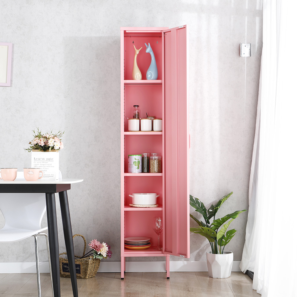 Steel Single Door Multi-layer Storage Cabinet Metal Locker with High Feet Corner Cabinet Pink 5 Years Cam Lock,pad Lock