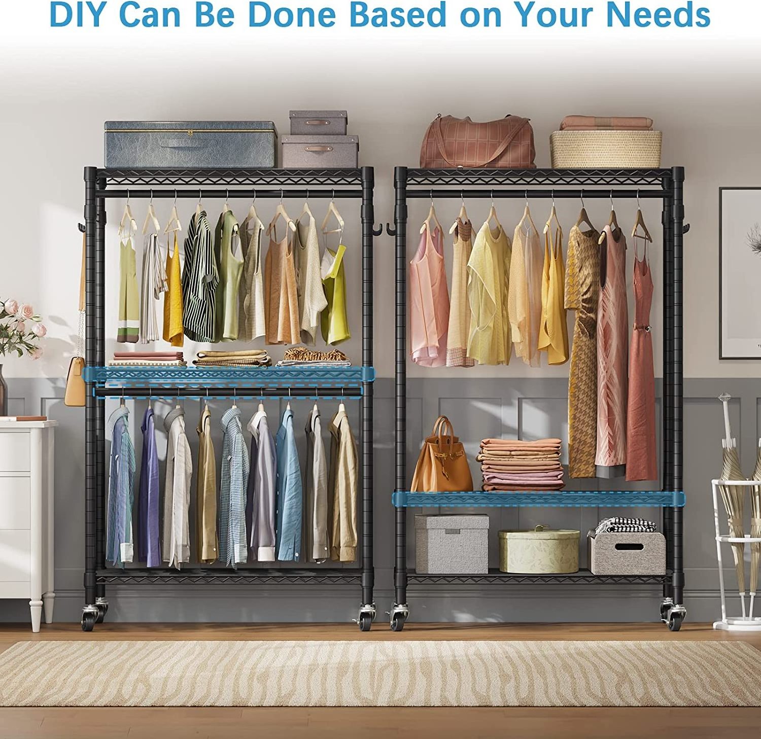 Heavy Duty Rolling Garment Rack 3 Tiers Adjustable Wire Shelving Clothes Rack with Double Rods and Lockable Wheels, Side Hooks