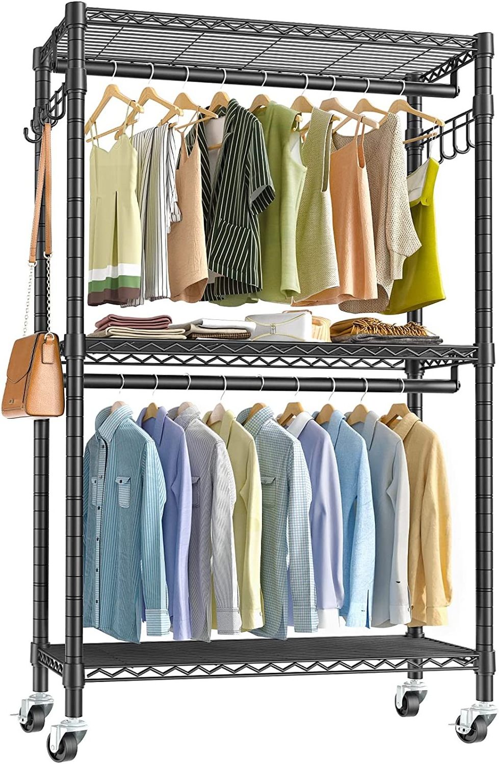 Heavy Duty Rolling Garment Rack 3 Tiers Adjustable Wire Shelving Clothes Rack with Double Rods and Lockable Wheels, Side Hooks