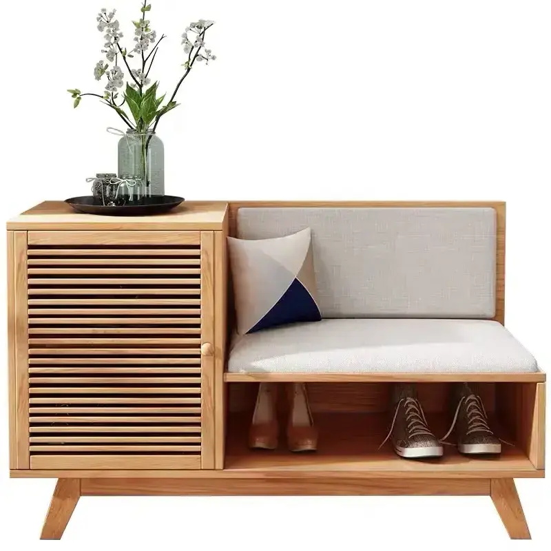 2-door Wood Corner Wall Shoe Upholstered Cabinet Rack Bench Storage with Craft Soft Cushioned Seat Chair