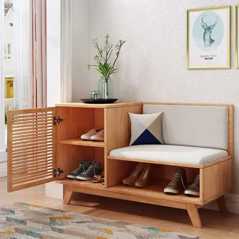 2-door Wood Corner Wall Shoe Upholstered Cabinet Rack Bench Storage with Craft Soft Cushioned Seat Chair