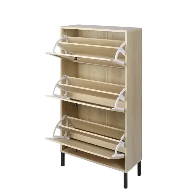 3 Flip Drawer Industrial Shoe Cabinet Wood Rattan Shoe Rack Organizer Entryway Shoe Storage Cabinet