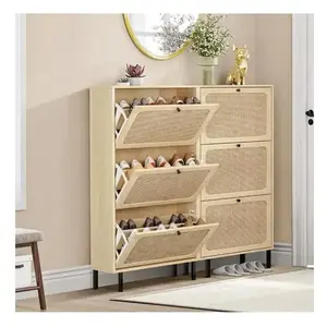 3 Flip Drawer Industrial Shoe Cabinet Wood Rattan Shoe Rack Organizer Entryway Shoe Storage Cabinet