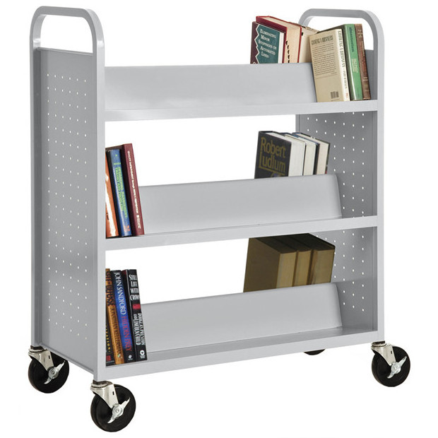 Double Sided Bookcase Sloped Bookcase Bookshelf Metal Furniture Iron Modern 6 Shelf Welded Booktruck in Dove Gray