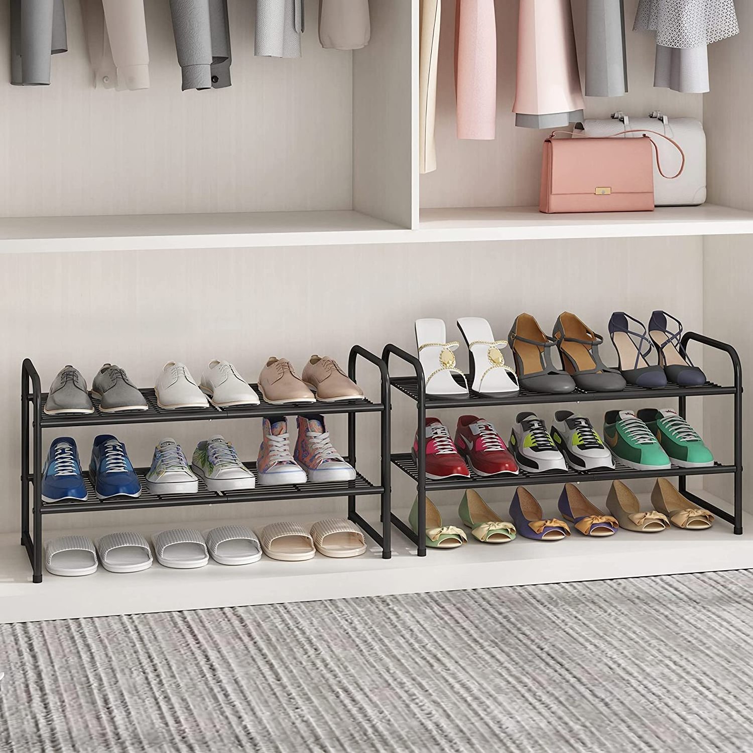 Simple Trending 2-Tier Stackable Shoe Rack, Metal Shoe Shelf Storage Organizer, Black metal shoe rack