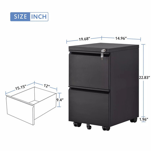 2 Drawers Fully Assembled Black Metal Decorative Vertical Mobile File Cabinet for Legal Letter with Lock