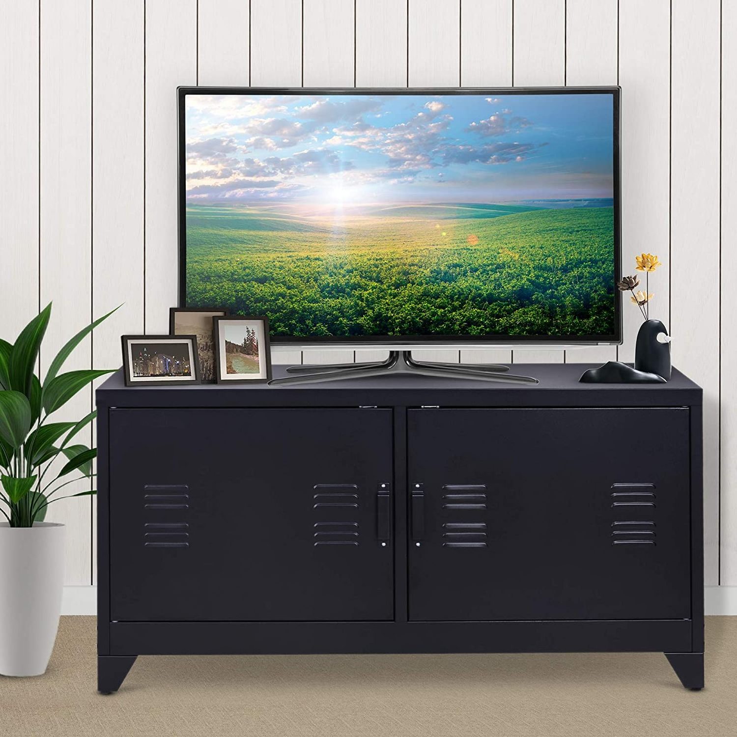 Factory Wholesale TV stand simple fashion TV cabinets with 2 door  black free standing metal stand