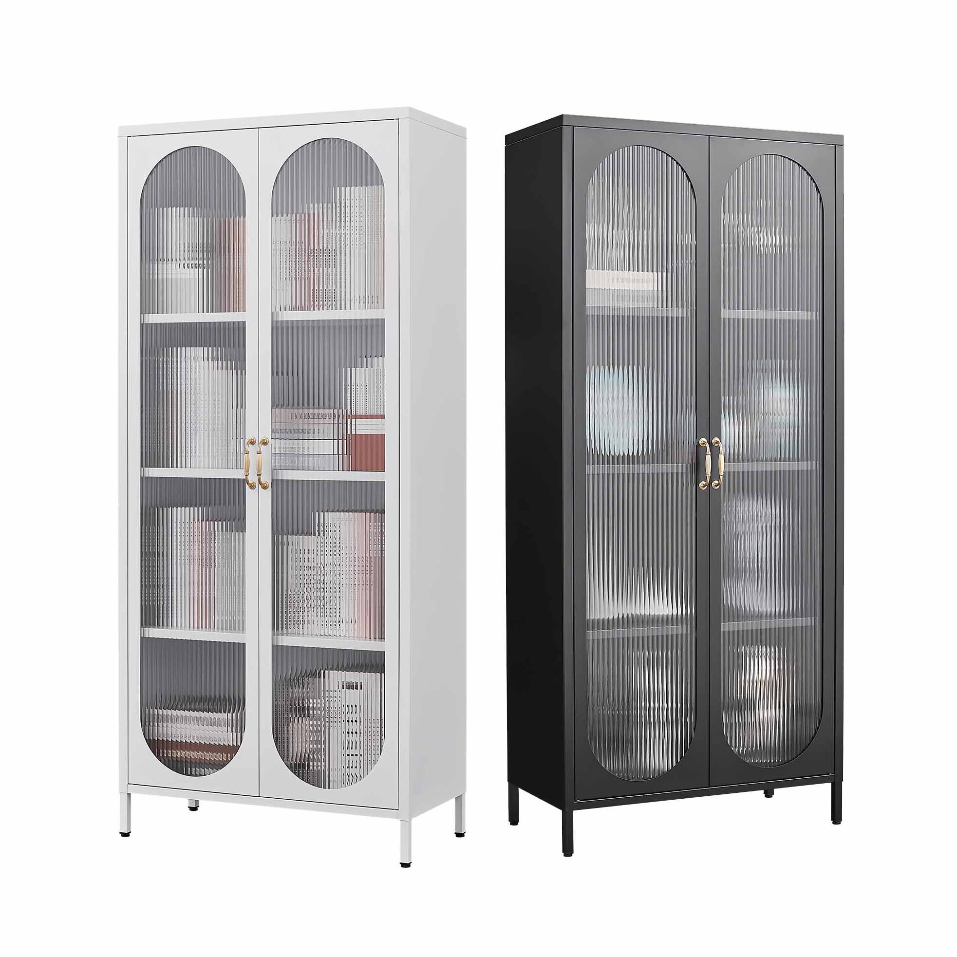 Metal Cabinet with Glass Doors Curio Display Cabinet with Adjustable Shelves Locking Glass Cabinet for Home Office Kitchen