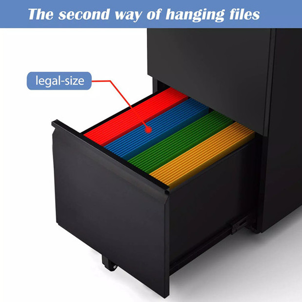 2 Drawers Fully Assembled Black Metal Decorative Vertical Mobile File Cabinet for Legal Letter with Lock