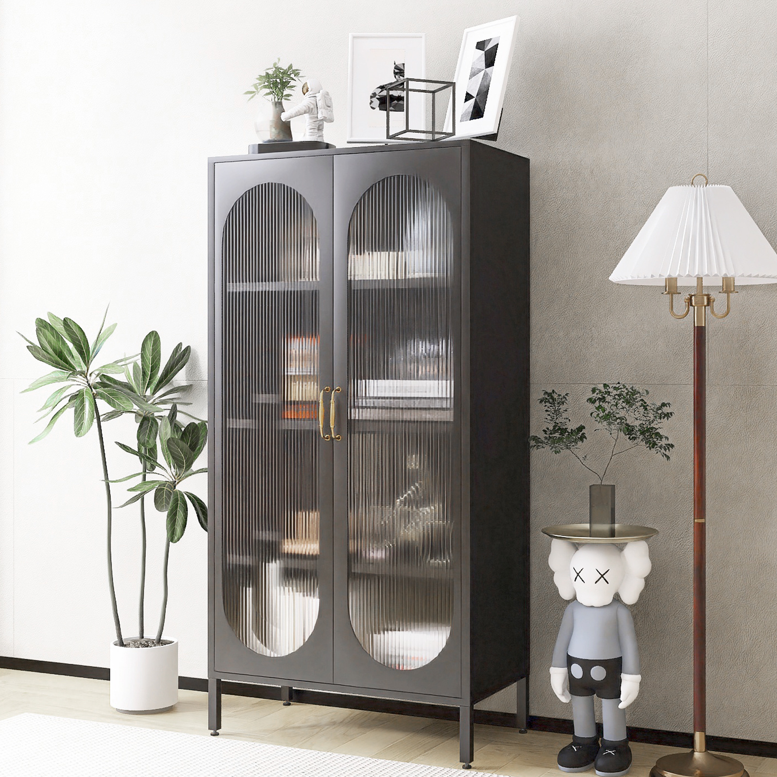 Metal Cabinet with Glass Doors Curio Display Cabinet with Adjustable Shelves Locking Glass Cabinet for Home Office Kitchen