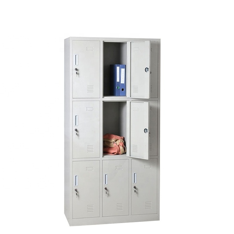 Metal Locker Small Cubby Locker Steel 9 Door Steel Clothes Storage School Gym Locker Light Grey