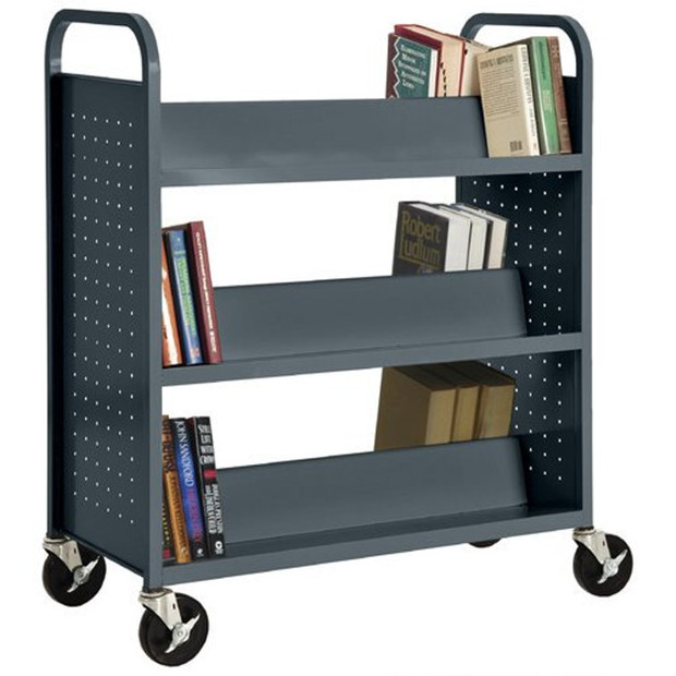 Double Sided Bookcase Sloped Bookcase Bookshelf Metal Furniture Iron Modern 6 Shelf Welded Booktruck in Dove Gray