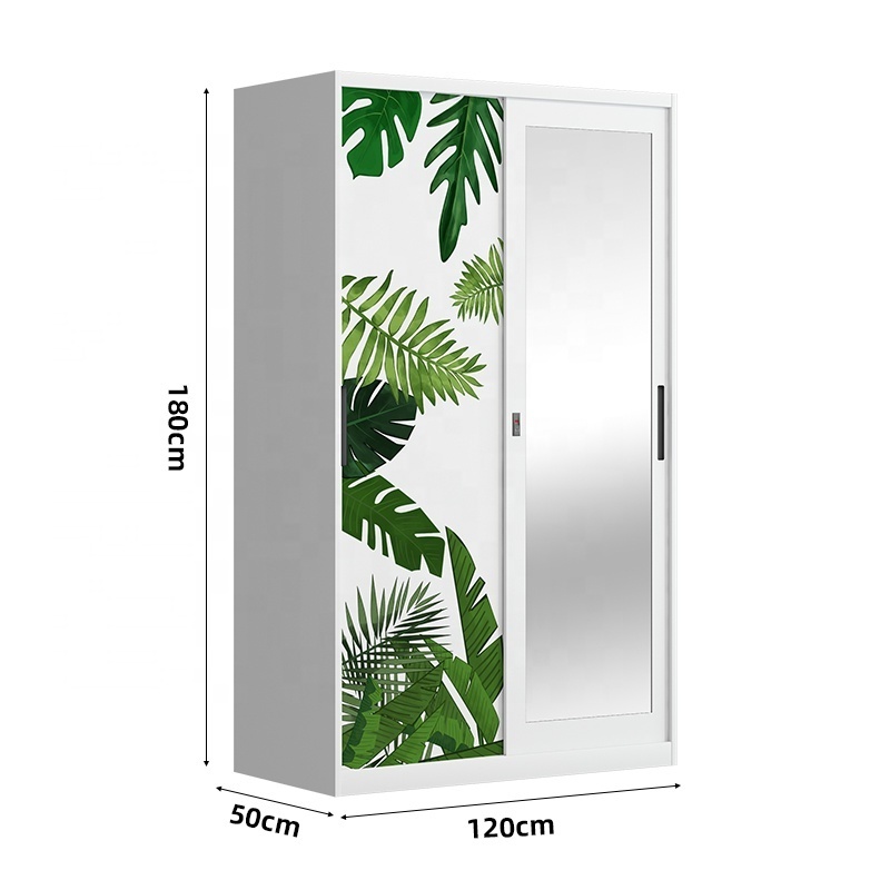 Steel Almirah Wardrobe 2 Sliding Doors Printing Pattern Metal Wardrobe with Safe Box