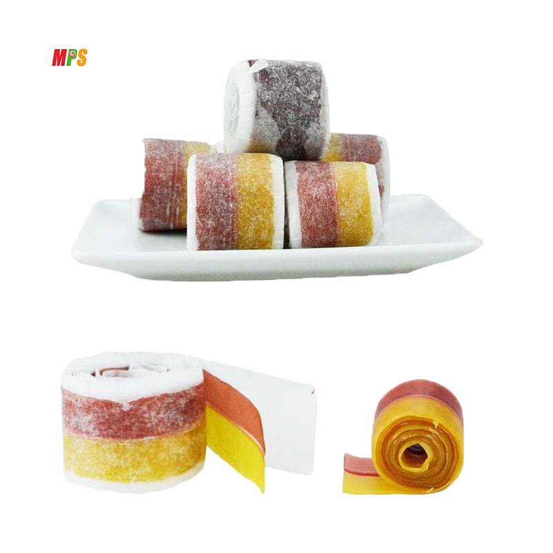 OEM double color sour sweet belt candy gummy roll fruity juice jelly gelatin soft candy