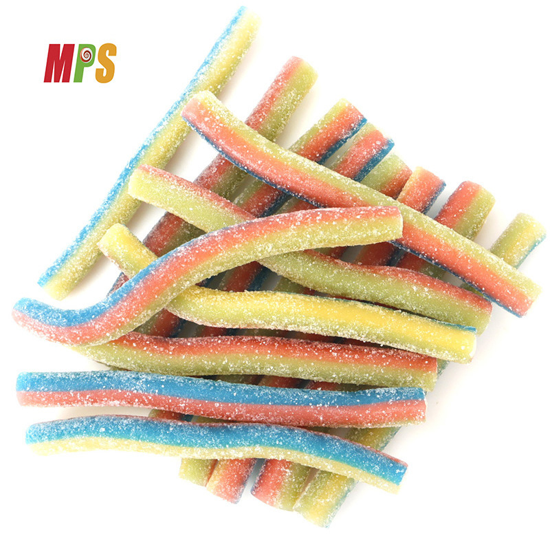 Halal blue raspberry flavor filled sour powder licorice stick sour strips gummy candy