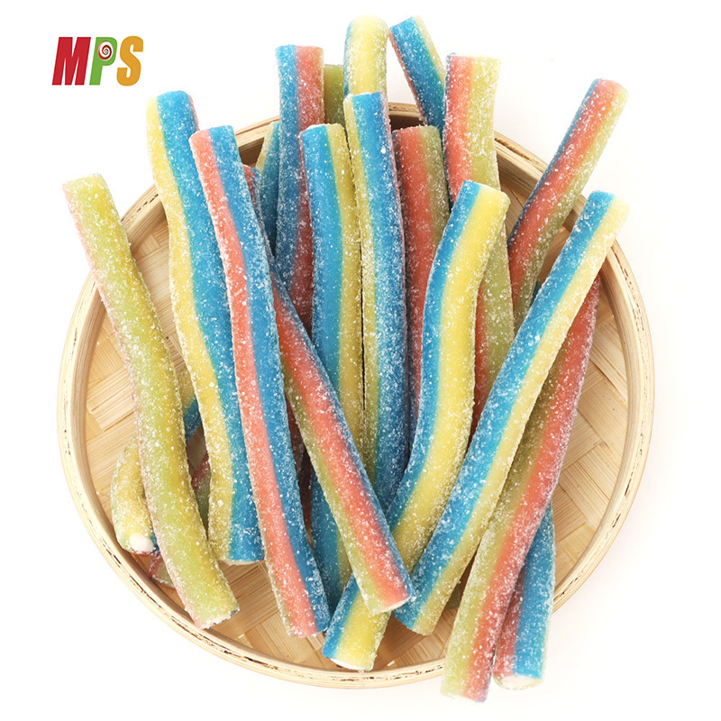 Halal blue raspberry flavor filled sour powder licorice stick sour strips gummy candy