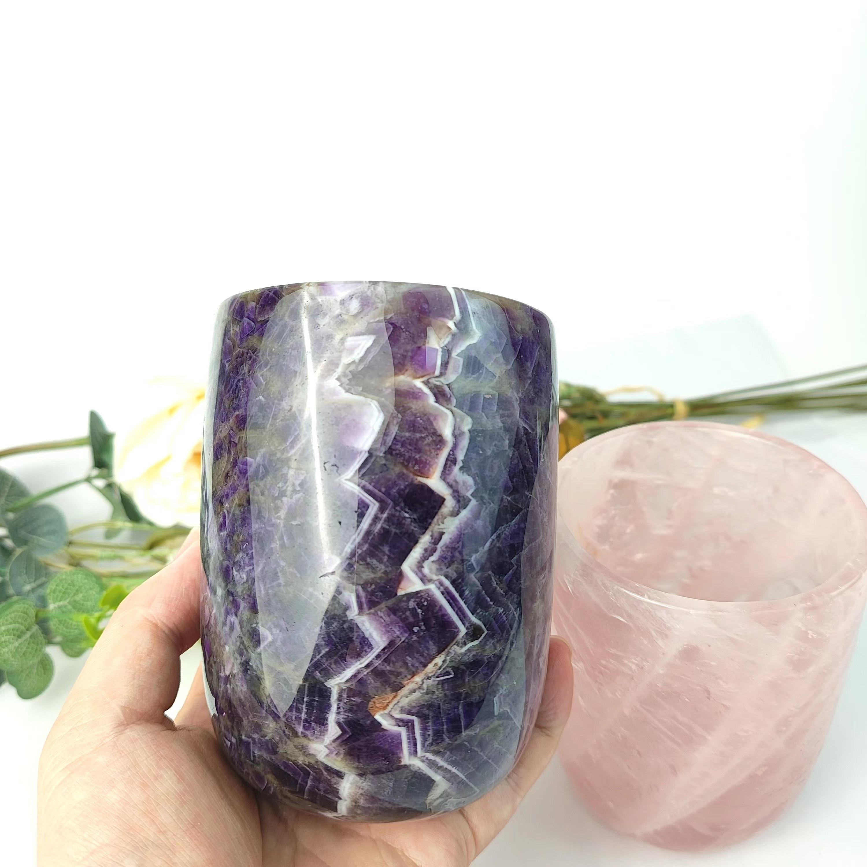 Crystal Oversized Tea Cup Handmade Polishing Rose Quartz Dream Amethyst Cups For Gifts