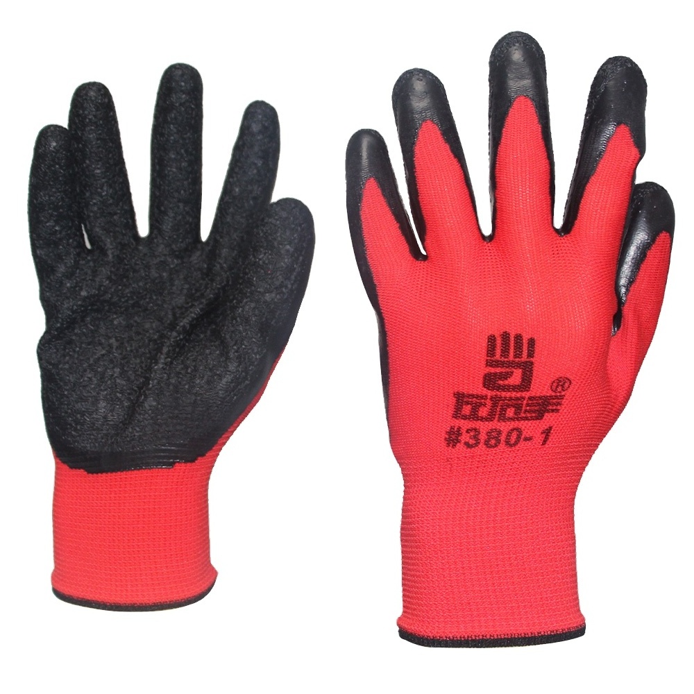 13Gague Polyester Lined Crinkle Latex Palm Coated Rubber Dipped Labor Protective Industrial Work Gloves