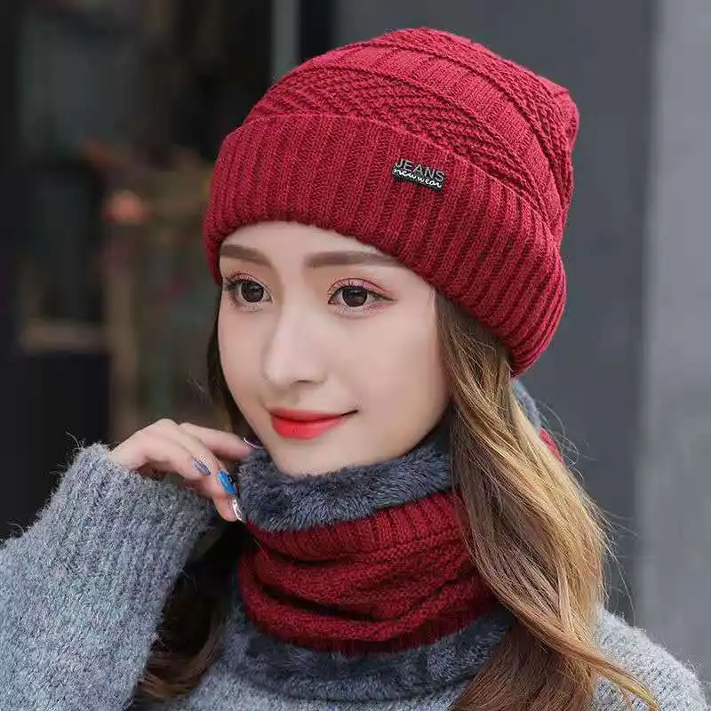 Soft Thicken Wool Ski Hat Men Warm Hats Neck Warm Winter Wool Hat Set Women Men Beanie Knitted Cap Scarf Set