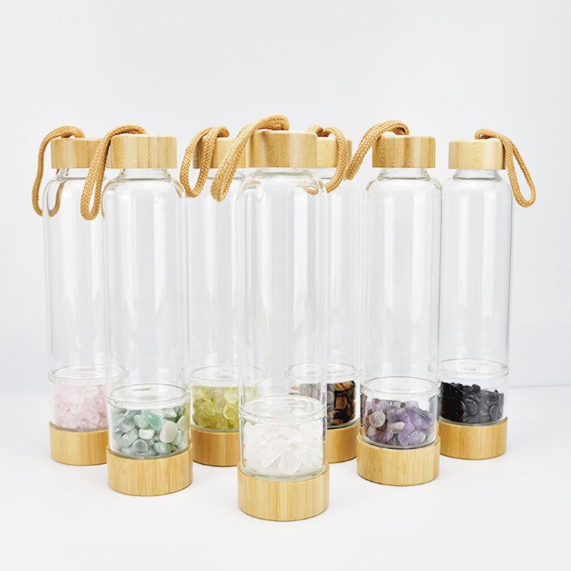 Natural bamboo Rose Gravel stone Infused Gemstone crystal Points Glass Water Bottle Energy crystal cup for Outdoor sports