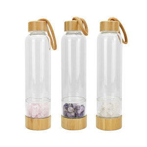 Natural bamboo Rose Gravel stone Infused Gemstone crystal Points Glass Water Bottle Energy crystal cup for Outdoor sports