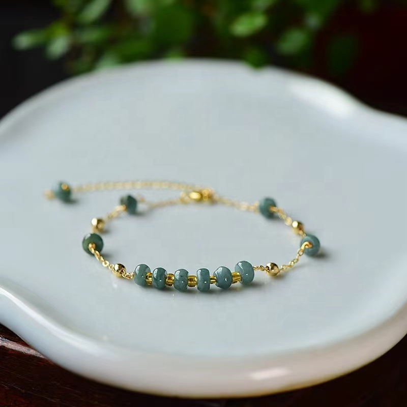 hand made 14k gold filled  natural blue Burma jadeite resizable bracelet natural crystal gemstone fine jewelry