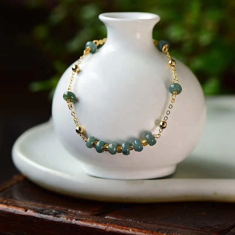 hand made 14k gold filled  natural blue Burma jadeite resizable bracelet natural crystal gemstone fine jewelry