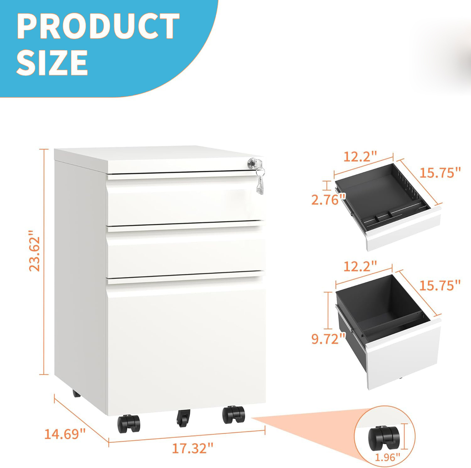 Fully Assembled Metal Under Desk Filing Cabinet for A4/Letter/Legal Size