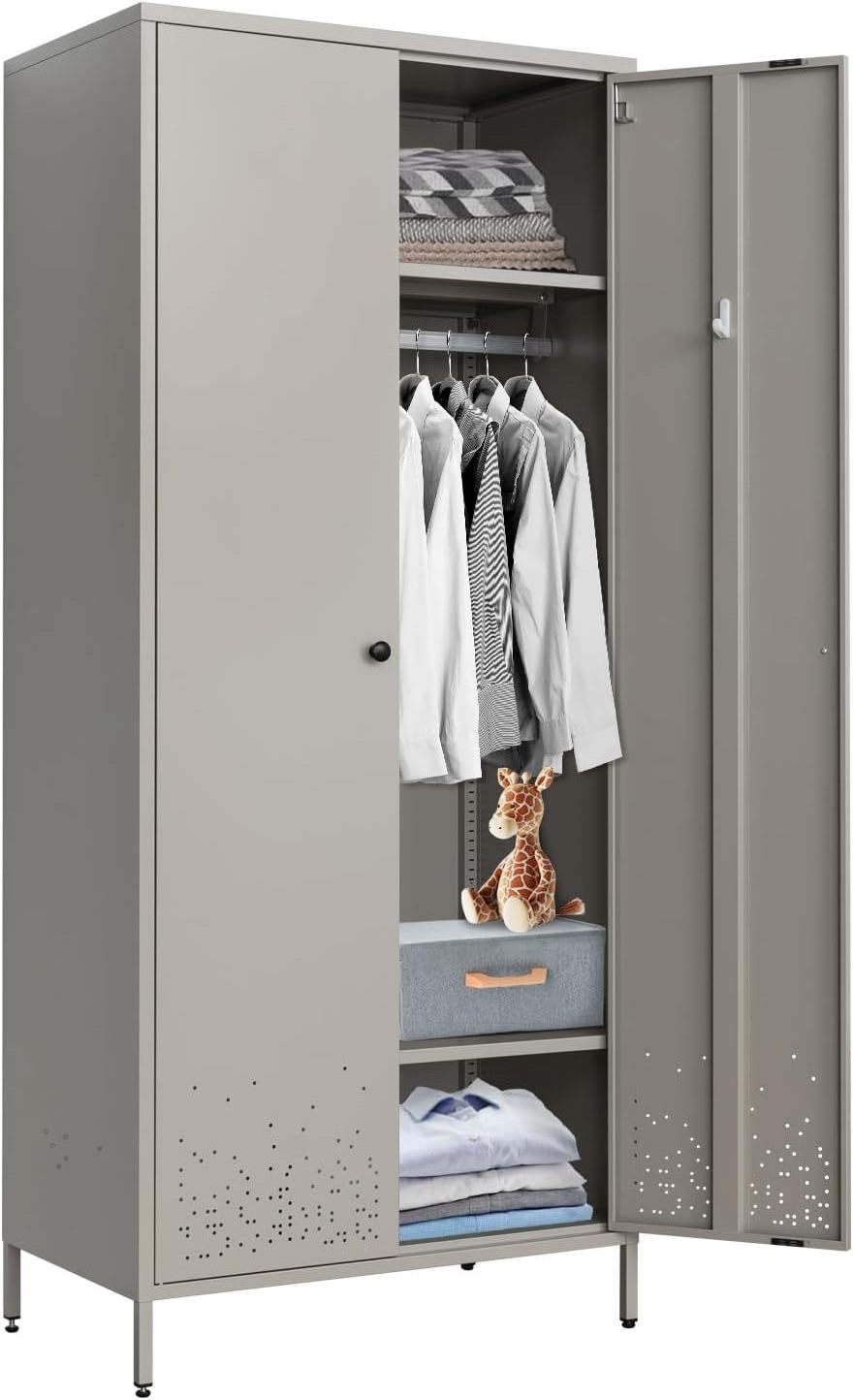 Metal Wardrobe Storage Cabinet with Hanging Rod 2 Adjustable Shelves for School home white