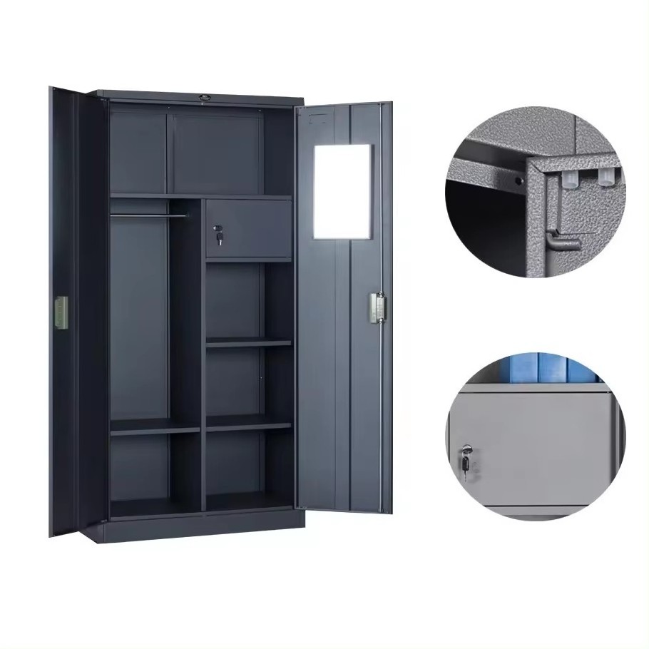 Steel 2 Metal Door Clothing Handle And Mirror Locker With Safe Drawer Box