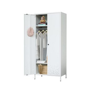 Metal Wardrobe Storage Cabinet with Hanging Rod 2 Adjustable Shelves for School home white