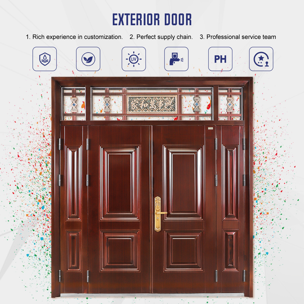 Customized Antique Style Metal Security Villa Door with Lintel Sun-proof Main Steel Double Door for House Exterior Door