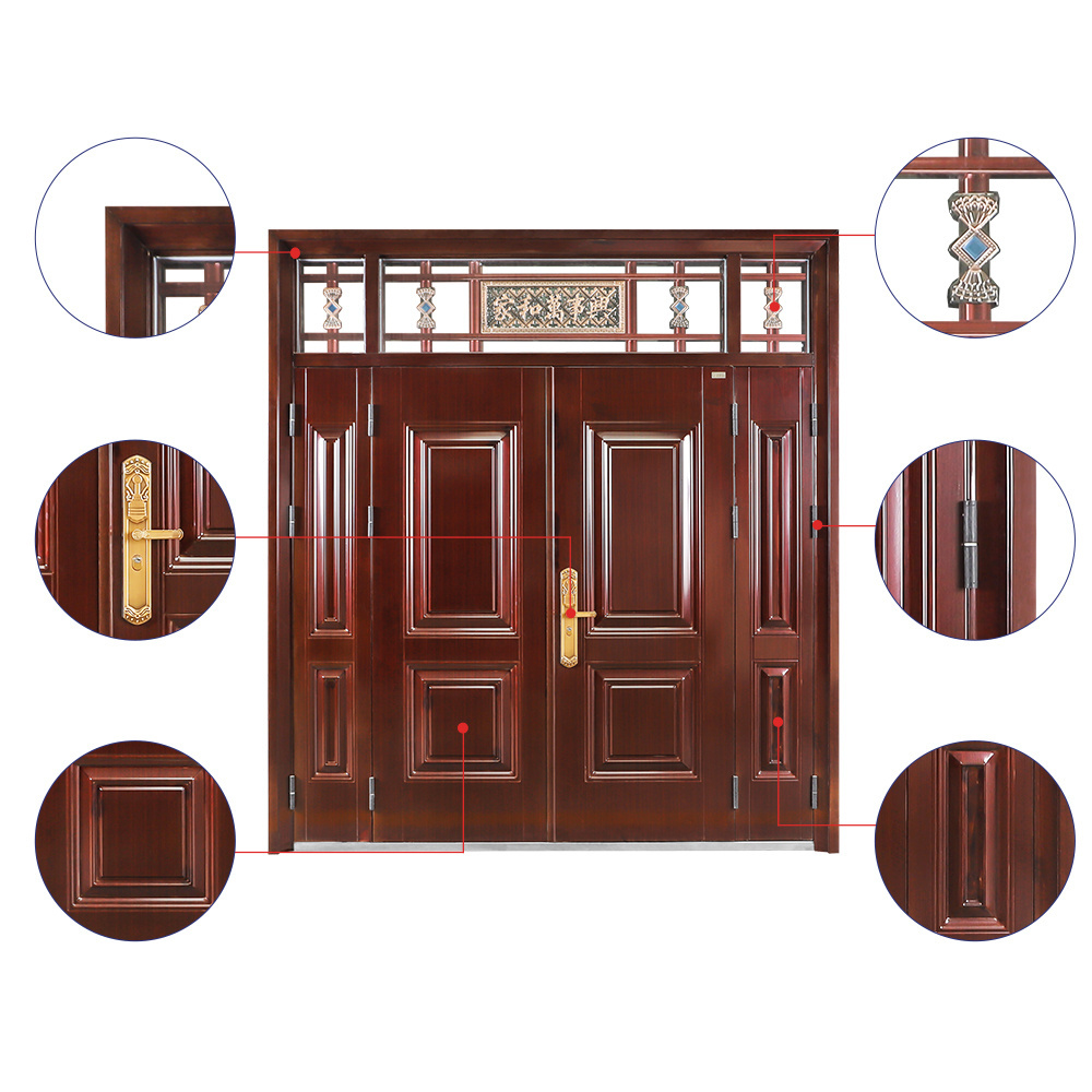 Customized Antique Style Metal Security Villa Door with Lintel Sun-proof Main Steel Double Door for House Exterior Door