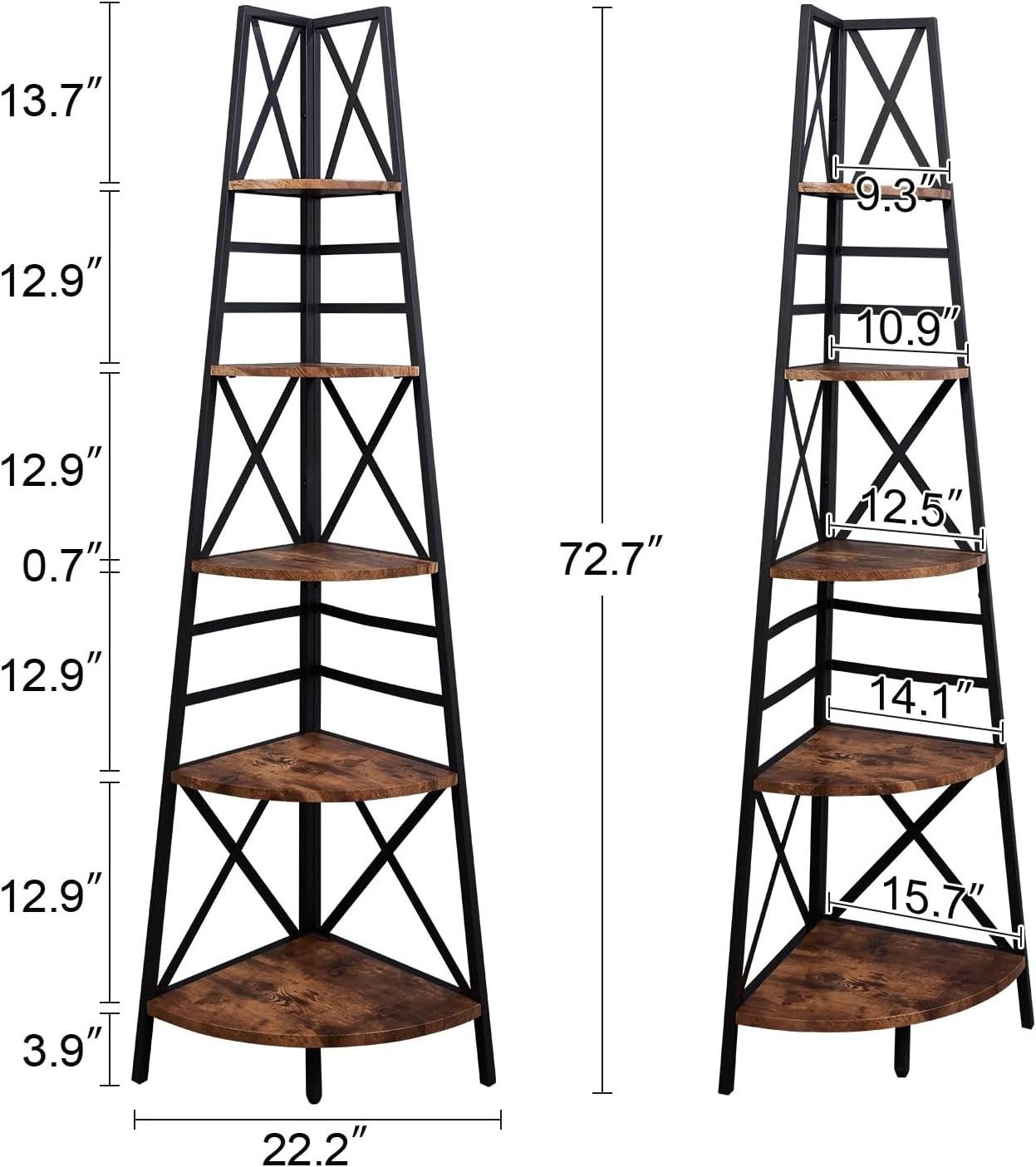 5-Tier Freestanding Corner Bookshelf Tall Corner Ladder Shelf With Metal Frames Multifunctional Corner Shelf Stand