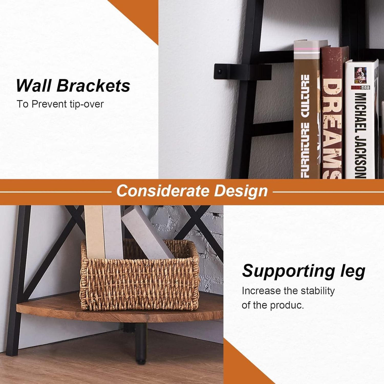 5-Tier Freestanding Corner Bookshelf Tall Corner Ladder Shelf With Metal Frames Multifunctional Corner Shelf Stand