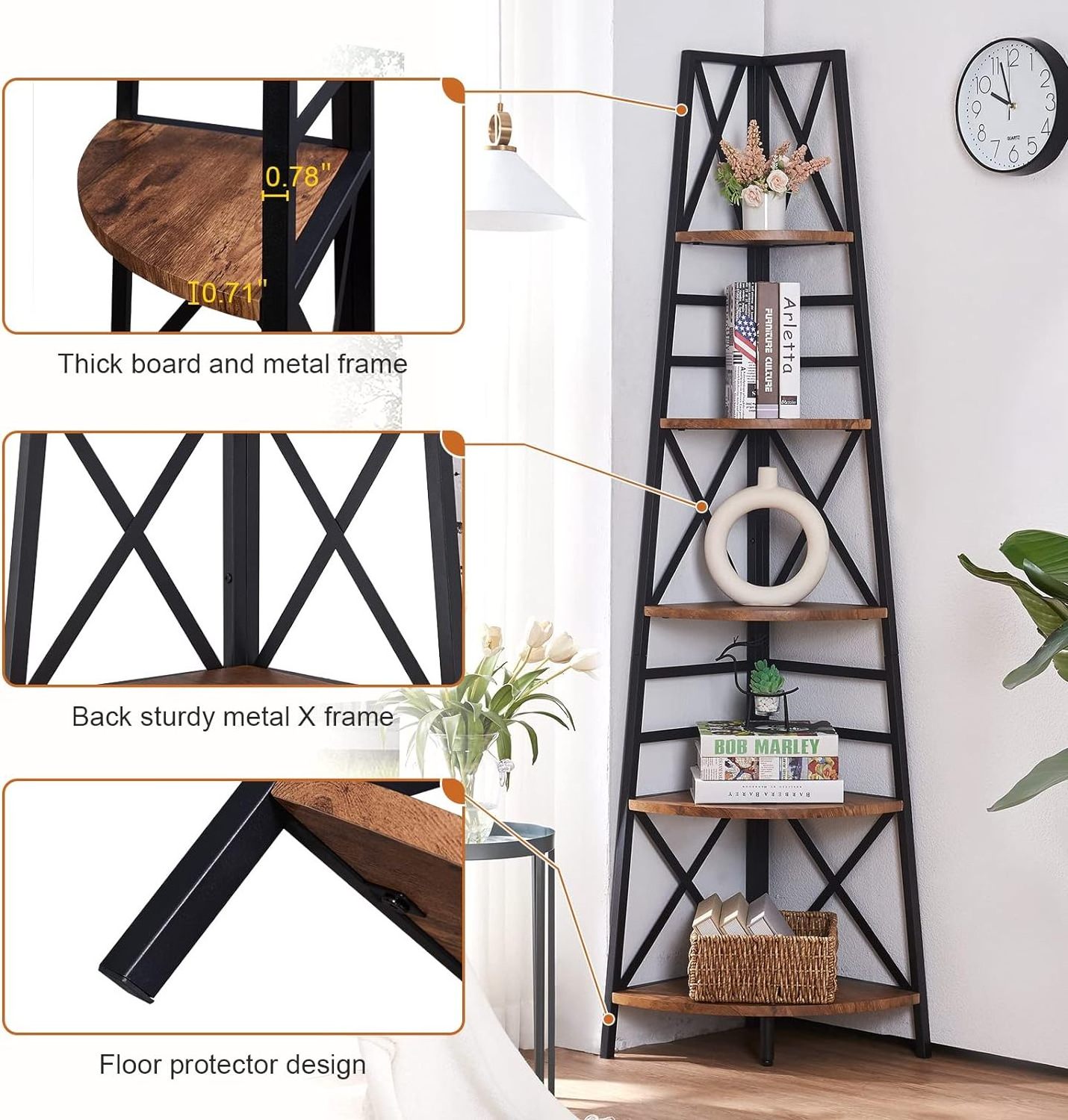 5-Tier Freestanding Corner Bookshelf Tall Corner Ladder Shelf With Metal Frames Multifunctional Corner Shelf Stand