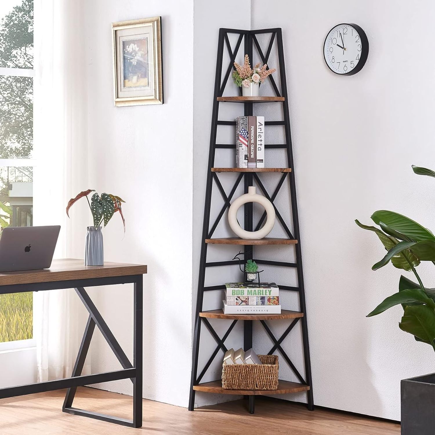 5-Tier Freestanding Corner Bookshelf Tall Corner Ladder Shelf With Metal Frames Multifunctional Corner Shelf Stand