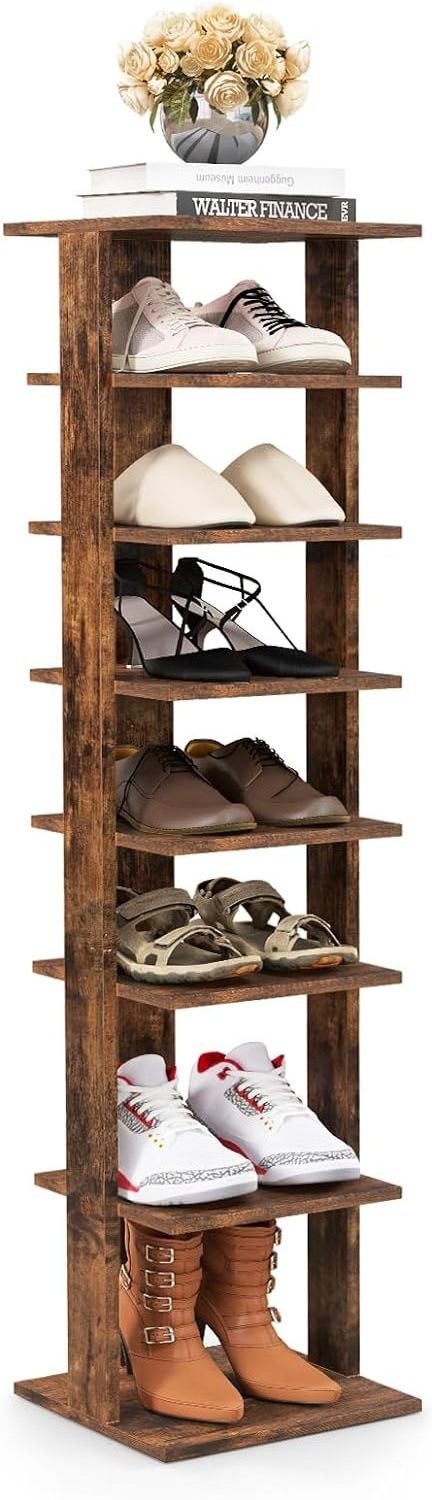 7 Tiers Vertical Shoe Rack Patented Entryway Narrow Slim Wooden Shoes Racks Skinny Shoe Rack Organizer Space Saving