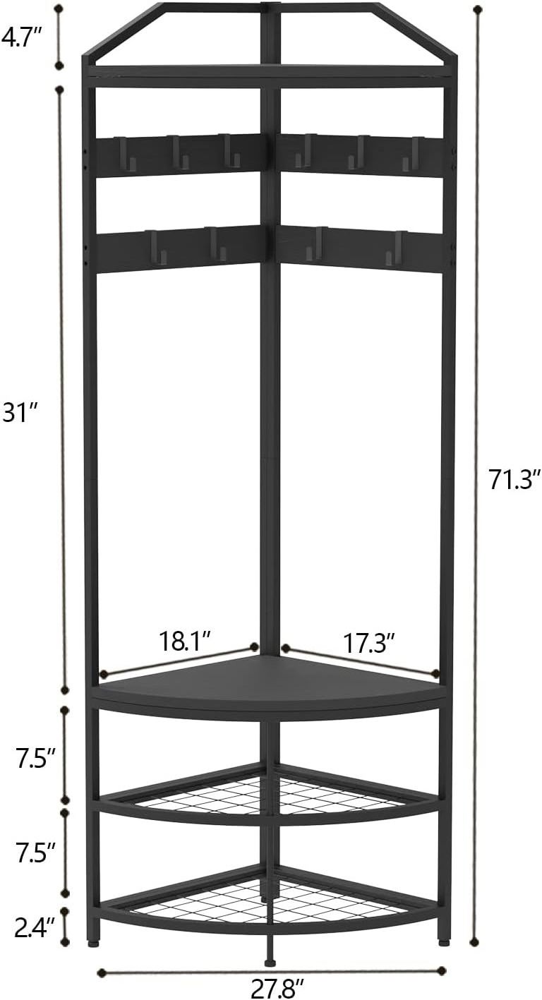 Modern Black Entryway Corner Hall Tree with Shoe Bench Coat Rack 10 Metal Movable Hooks Wooden Clothes Rack Shelf Organizer