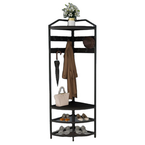 Modern Black Entryway Corner Hall Tree with Shoe Bench Coat Rack 10 Metal Movable Hooks Wooden Clothes Rack Shelf Organizer