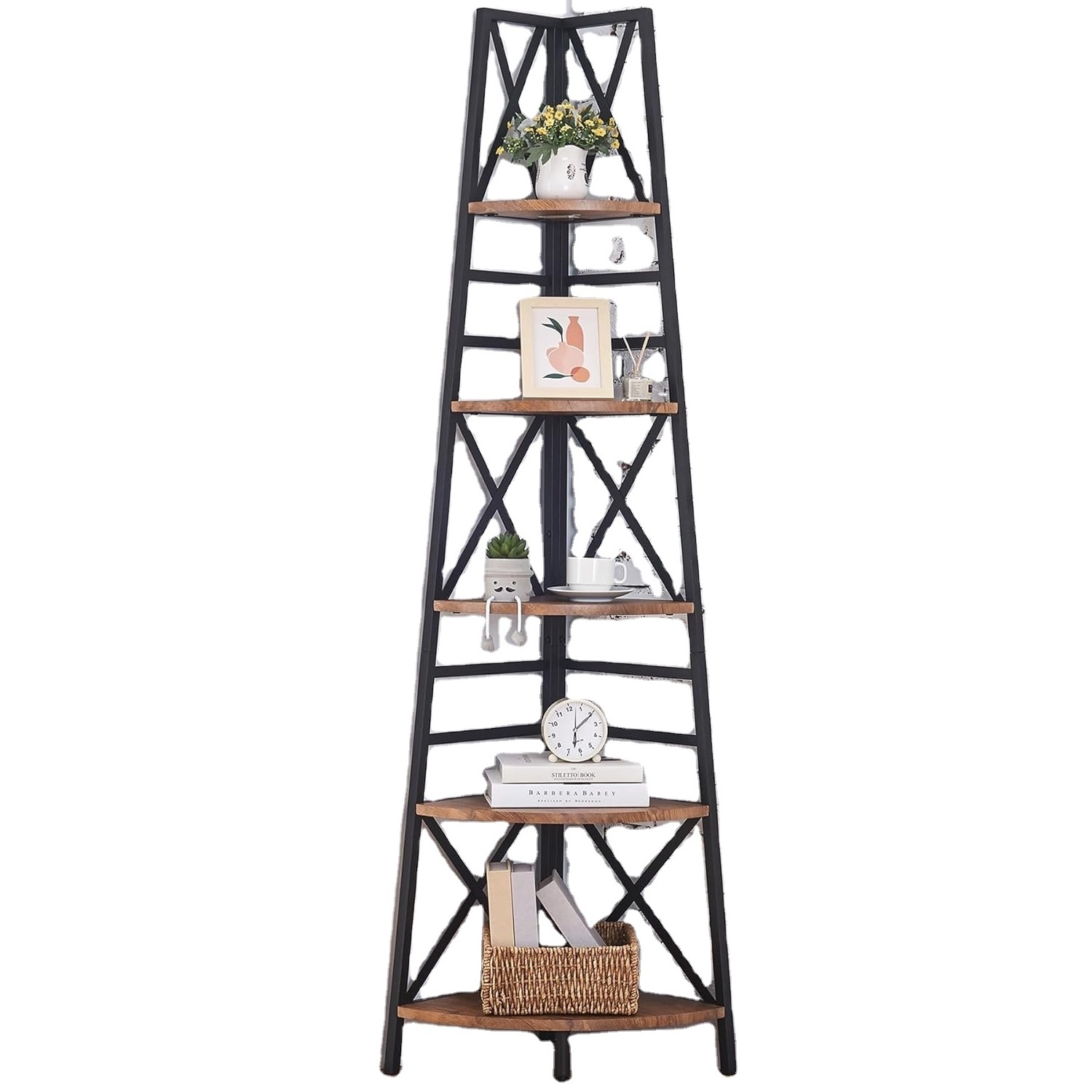 5-Tier Freestanding Corner Bookshelf Tall Corner Ladder Shelf With Metal Frames Multifunctional Corner Shelf Stand