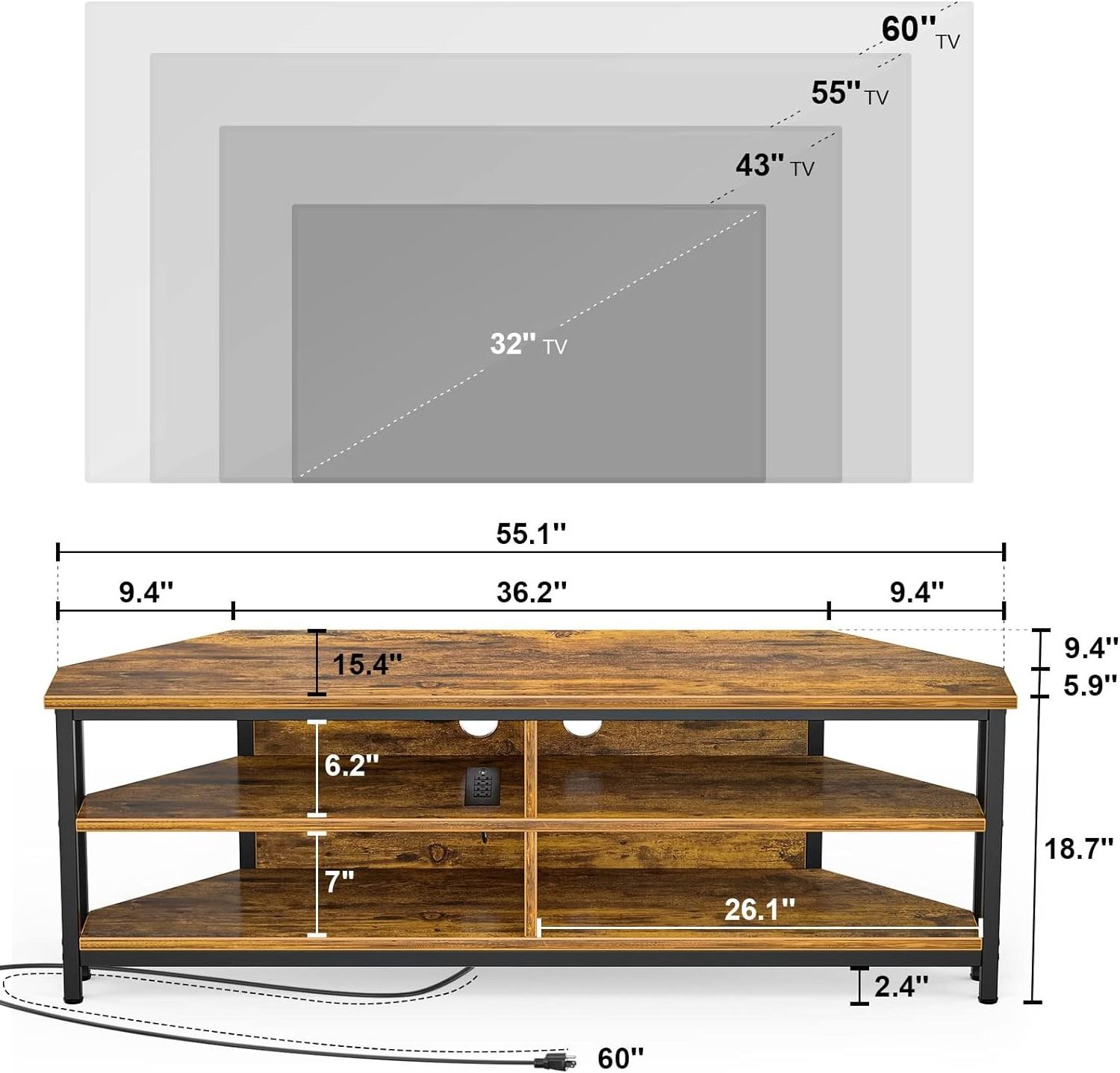 55'' Corner TV Stand With Power Outlet Corner Entertainment Center TV Console Table With 4 Open Storage Shelves Metal Frame