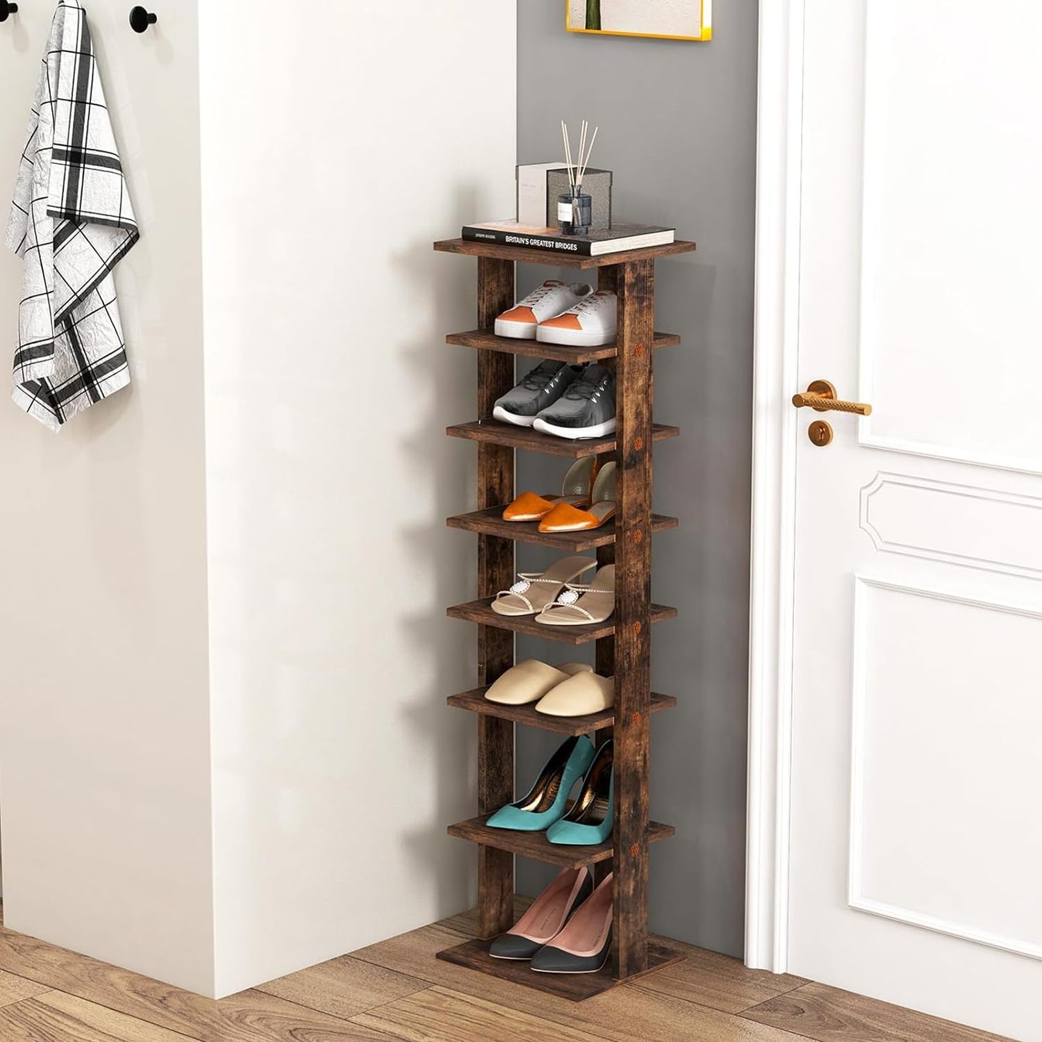 7 Tiers Vertical Shoe Rack Patented Entryway Narrow Slim Wooden Shoes Racks Skinny Shoe Rack Organizer Space Saving