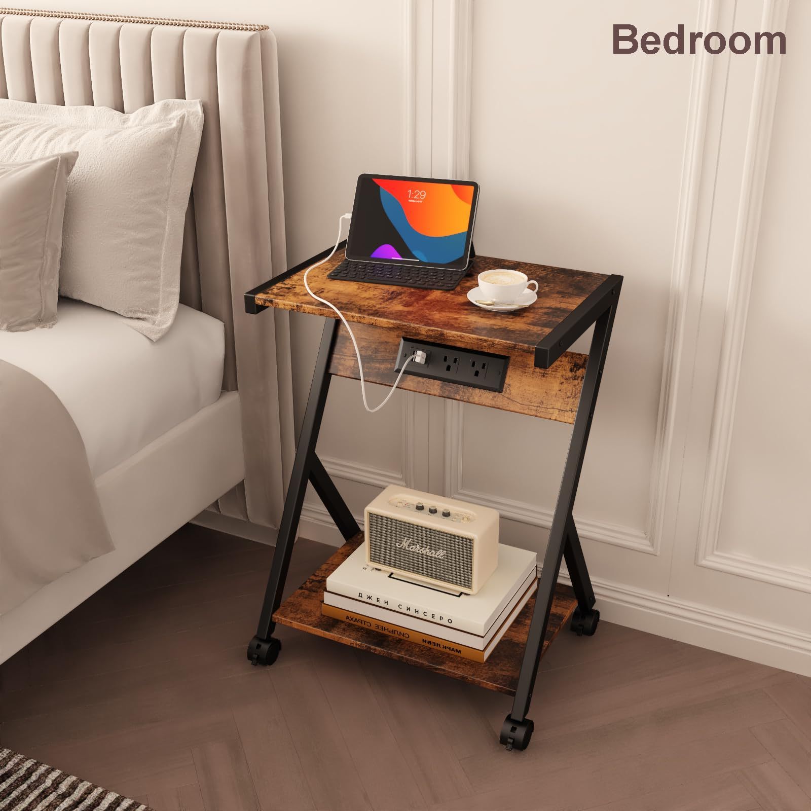 Printer Stand nightstand Couch Table Metal Frame With Rolling Casters Coffee Table For Living Bedroom Snack Laptop